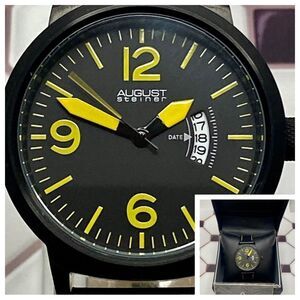 August Steiner Bold Black & Yellow Watch Leather Strap Contrast Stitching